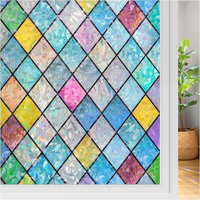 rabbitgoo Stained Glass Window Film Rainbow Film Decorative 3D Privacy Sticker Colorful Lattice Window Decals Cling, Sun Catcher Static Decals for Home 17.5"×118.1"