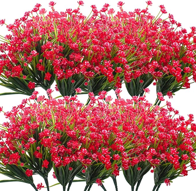 Artificial Flowers, 20 Bundles Outdoor Fake Flowers for Decoration UV Resistant Faux Plastic Plants Garden Porch Window Box Décor(Red)