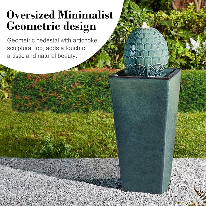Glitzhome Ceramic Outdoor Water Fountain with LED Light, Oversized Artichoke Pedestal Water Fountains with Submersible Pump, Patio Fountain Waterfall for Garden Patio Deck Porch, Turquoise, 35.75" H