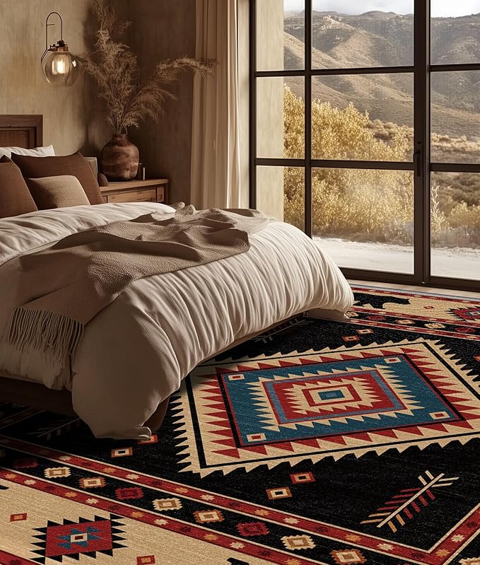 Southwest Rug 4x5 - Native American Bear Cabin Area Rugs for Bedroom Living Room, Rustic Western Machine Washable | Non-Slip | Soft Carpets, Western Room Decor (Red Tan Black)