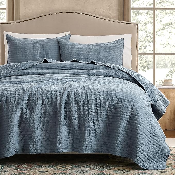 WDCOZY 100% Cotton Twin Size Quilt Set - Blue Striped Pick Stitch Soft Lightweight Bedspread, Textured Like Linen, Farmhouse Country Rustic Coverlet, Shabby Chic Gauze Bedding, 2 Pieces