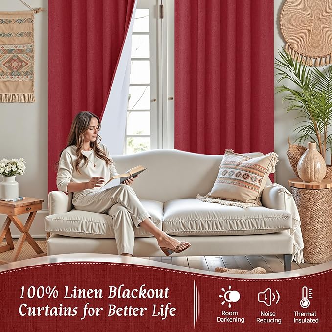 LAMIT Red 100% Blackout Linen Curtains, 63 Inches Linen Textured Thermal Bedroom Panels Back Tab and Rod Pocket Neutral Drapes with White Liner for Christmas Decor, 2 Panels, 38 x 63 Inch