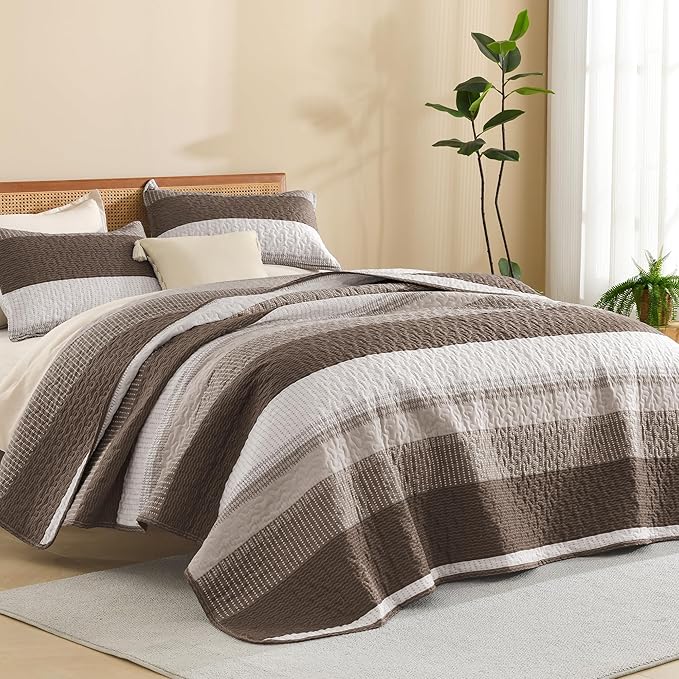 Litanika Quilt Queen Size Brown, Stripe Patchwork Summer Bedspread Coverlet 3 Pieces, Soft Lightweight Microfiber Quilted Bedding Set for All Season(1 Quilt, 2 Pillowcases)