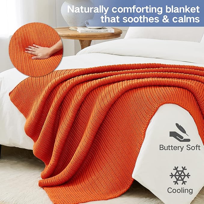 Guohaoi Knitted Weighted Blanket for Adults (Orange 50"x75" 15lbs) No Beads Cooling Throw Blanket for Hot Sleepers, Home Decor Breathable Chunky Knit Heavy Blanket Use on Full Size Bed