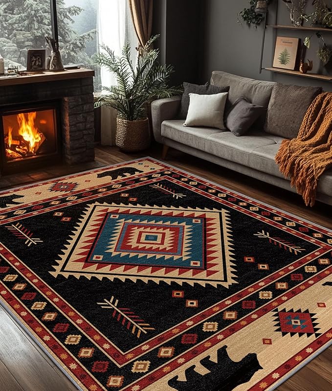 Southwest Rug 4x5 - Native American Bear Cabin Area Rugs for Bedroom Living Room, Rustic Western Machine Washable | Non-Slip | Soft Carpets, Western Room Decor (Red Tan Black)