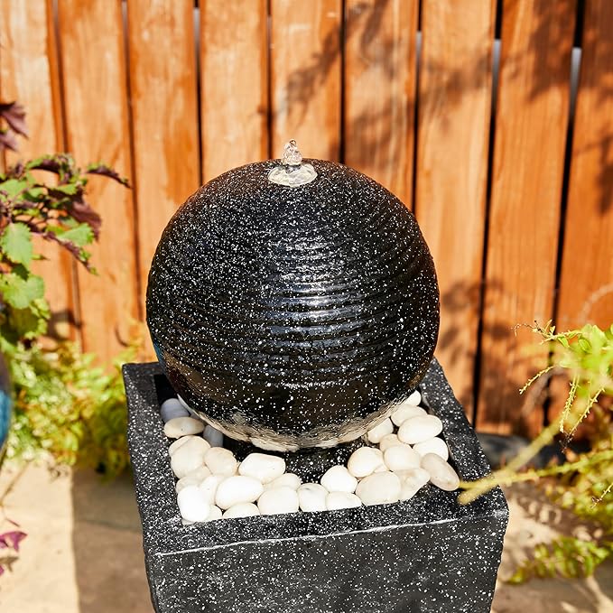 Glitzhome Outdoor Water Fountain with LED Light, Decorative Black Pedestal Water Fountains with Submersible Pump, Modern Sphere Floor Fountain with Pebbles for Garden Patio Decor Porch, 31.75”H