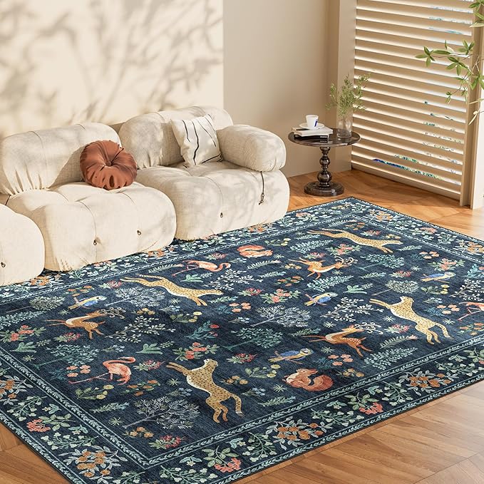 DUKINO 5x7 Rug, Washable Animal Living Room Rug with Non Slip Vintage Design, Soft Low Pile Large Carpet for Bedroom, Nursery, Dining Room, Farmhouse, Playroom, Navy Blue