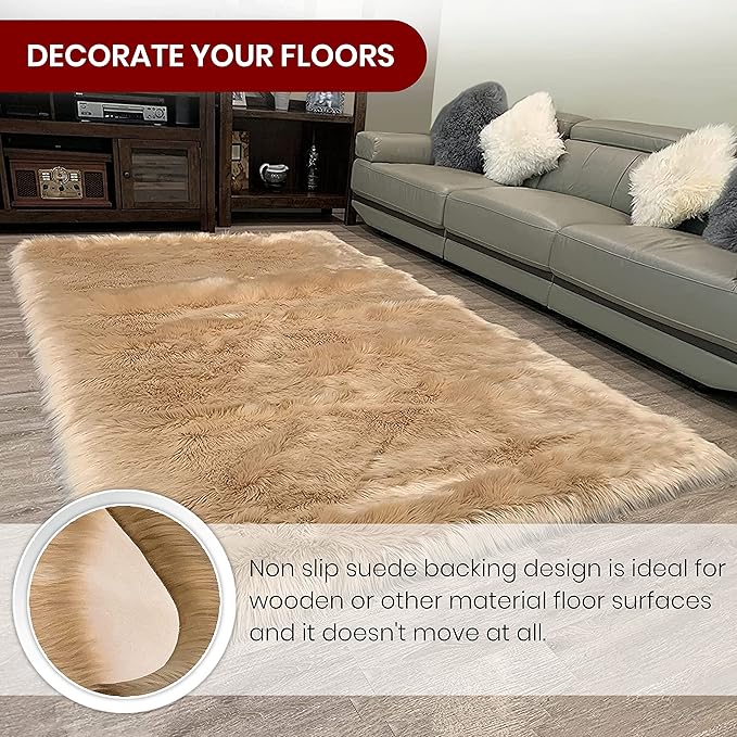 LAMBZY High Pile Super Fluffy Soft Faux Sheepskin Rug | Faux Sheepskin Rugs for Living Room Playroom Bedroom | Classic Super Soft to Touch Rug (5'x8', Beige)