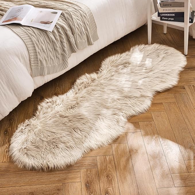 MIULEE Luxury Super Soft Fluffy Area Rug Faux Fur Sheepskin Rug Decorative Plush Shaggy Carpet for Bedside Sofa Floor Nursery 2 x 6 Feet, Beige