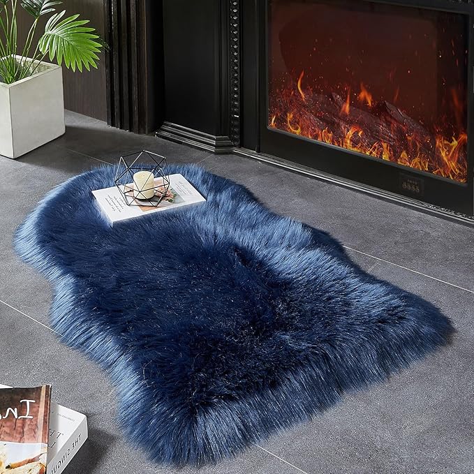 AMTOVO Faux Fur Rug, Dark Blue Small Area Rug, Fluffy Sheepskin Rug, Fuzzy Ultra Soft 2 x 3 ft Shag Rugs for Bedroom Sofa Throw Cushion Room Decor, Sheepskin