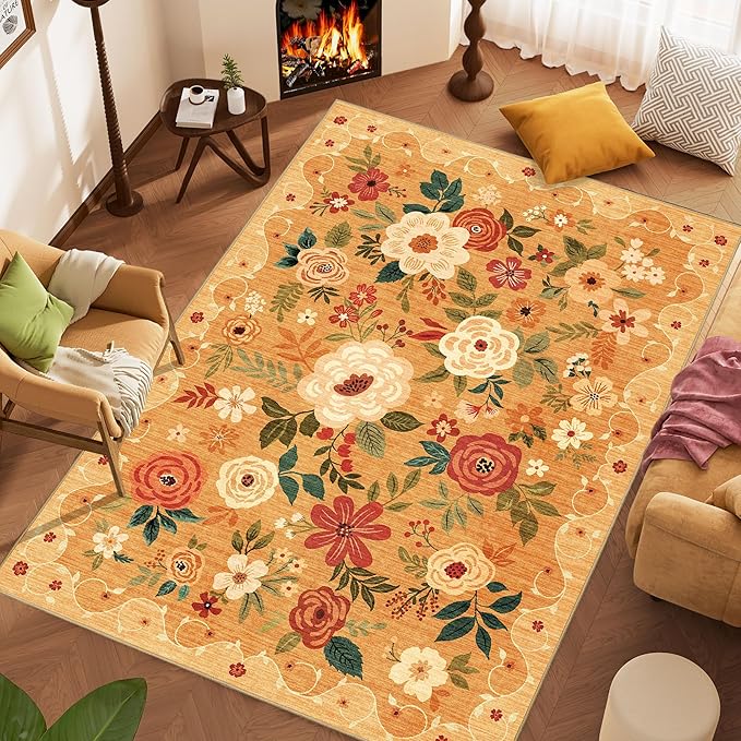 DUKINO 5x7 Area Rug, Floral Rugs for Living Room, Lightweight Non Slip Washable Rug, Indoor Low Pile & Non-Shedding Boho Design Rugs for Bedroom, Living Room, Dining Room, Orange