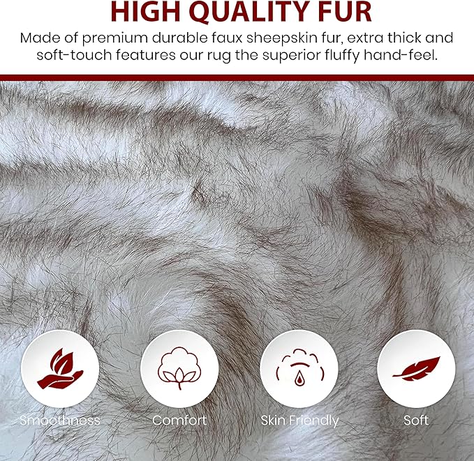 LAMBZY Faux Sheepskin Super Soft Hypoallergenic Silky Shag Rug for Living Room, Kids Room, Sofa (Decto 10 Pelts 6'x10', White/Brown Tips)