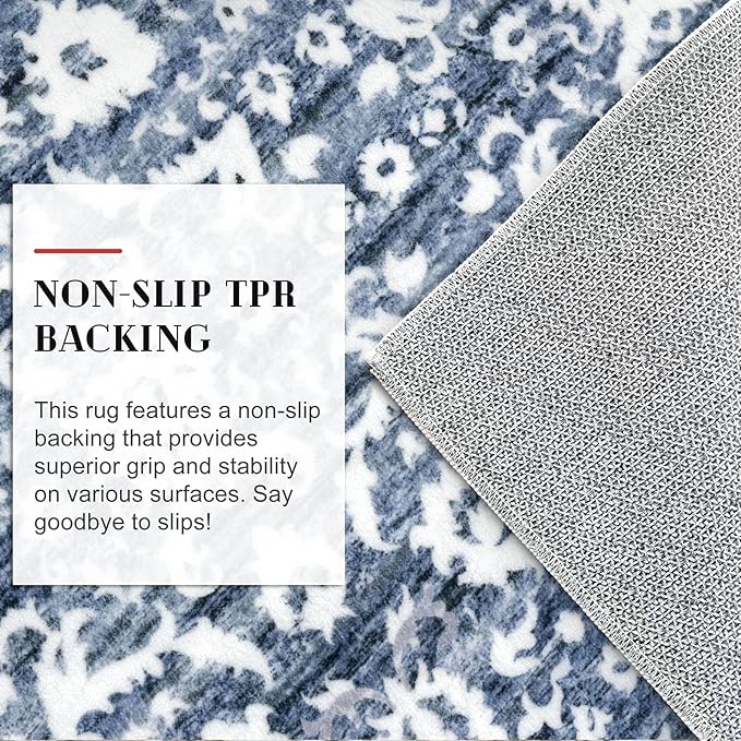 Vintage Runner Rug 3x10, Light Blue White Washable Kitchen Runner Non-Slip Soft Hallway Rug Runner Floral Thin Print Faux Wool Carpet for Entryway Bedroom Laundry Room Indoor Home Office Decor