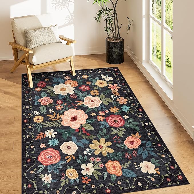 DUKINO 3x5 Area Rug, Floral Rugs for Living Room, Lightweight Non Slip Washable Rug, Indoor Low Pile & Non-Shedding Boho Design Rugs for Bedroom, Living Room, Dining Room, Black