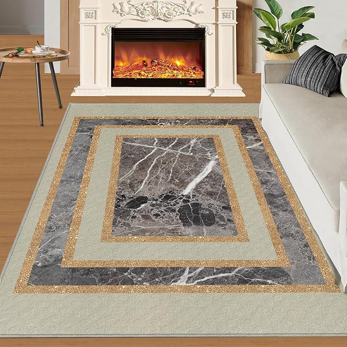 Light Luxury Marble Area Rugs Gilded Stripe Geometry Area Carpet Abstract Marble Texture Rug Stone Crack Carpet for Living Room Study Bedroom 5x8ft