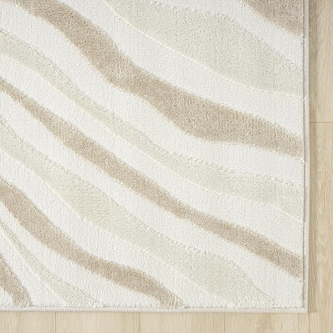 Abani Beige Area Rug - 6' x 9' - Living Room & Bedroom - Abstract Wave Design - Indoor Use - Easy to Clean, Stain Resistant, Non-Shedding - Neutral Collection