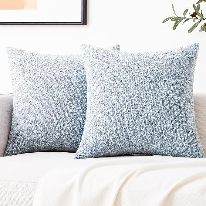 Mixhug Decorative Boucle Throw Pillow Covers, Light Blue, 20 x 20 Inches, Pack of 2 - Textured Boho Pillow Covers for Couch and Bed