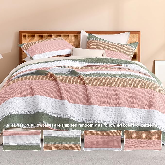 Litanika King Size Quilt Set Pink, Green and White, Orange Stripe Patchwork Summer Bedspread Coverlet 3 Pieces, Soft Lightweight Microfiber Quilt Bedding Set for All Season(1 Quilt, 2 Pillowcases)