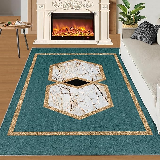 Jadeite Marble Area Rug Abstract Marble Texture Area Rugs for Living Room Light Luxury Stone Crack Carpet Gold Geometric Stripes Outdoor Carpet for Bedroom Living Room 4x5ft