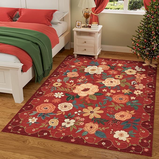 DUKINO 3x5 Area Rug, Floral Rugs for Living Room, Lightweight Non Slip Washable Rug, Indoor Low Pile & Non-Shedding Boho Design Rugs for Bedroom, Living Room, Dining Room, Red