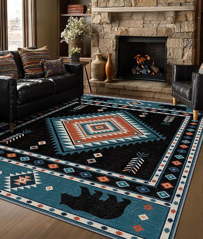 Native Amrican Rug 2x3 - Southwestern Bear Cabin Area Rugs for Entryway, Rustic Geometric Machine Washable | Non-Slip | Low Pile Small Carpets, Southwest Home Decor (Teal Orange Black)