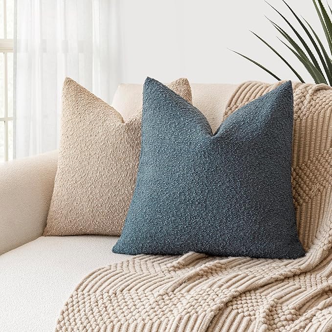 Foindtower Decorative Textured Boucle Throw Pillow Covers Accent Solid Pillow Cases Neutral Soft Cozy Couch Cushion Case for Chair Sofa Bedroom Living Room Home Decor 16x16 Inch,1PC,Blue