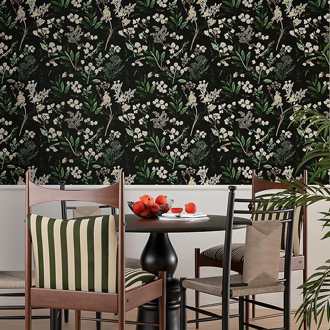 Dark Floral Wallpaper Peel and Stick Green Leaf Wallpaper Vintage Flowers Contact Paper Waterproof Self Adhesive Boho Delicate Wall Paper for Cabinet Kitchen Walls Locker 17.5in x9.8ft