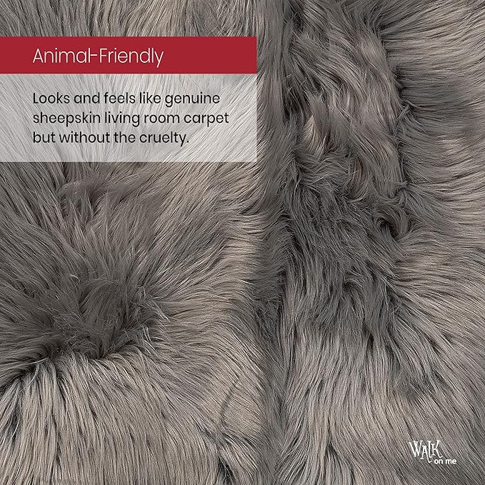 Silky Soft Faux Fur Rug, Sheepskin Area Rug, Shaggy Rug for Living Room, Bedroom, Kid's Room, or Nursery, Home Décor Accent, Machine Washable with Non-Slip Backing (Gray, Rectangle (2'x3'))