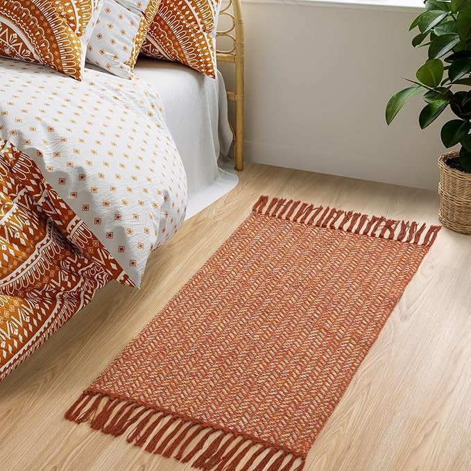 Lahome Boho Fall Kitchen Rug, 2x3 Bathroom Rug Lightweight Indoor Door Mats for Entryway Small Cotton Area Rug with Tassels, Farmhouse Washable Throw Rugs Low Pile Carpet for Bedroom