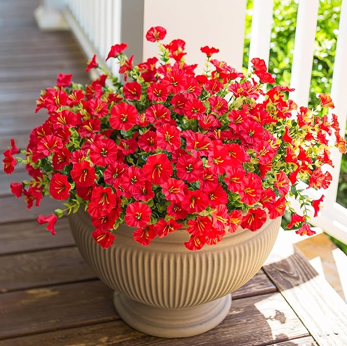 HyeFlora Artificial Flowers for Outdoors Fake Plants Outside Decoration, 12 Bundles Silk Red Morning Glory UV Resistant Look Real Faux Flowers for Planter Front Door Porch Patio Yard Gardens Balcony