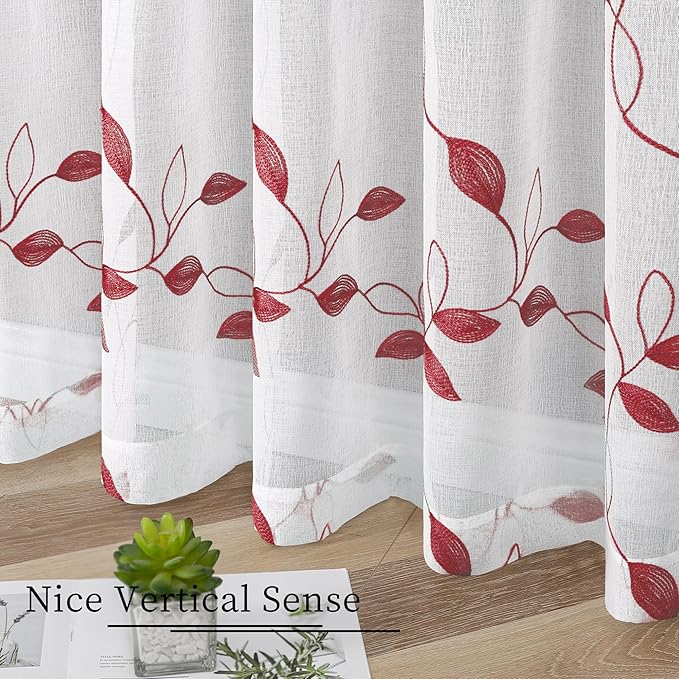 Tollpiz Burgundy Red Leaf Sheer Curtain Leaves Embroidered Living Room Curtains Rod Pocket Voile Window Treatment for Bedroom, 54 x 72 inches Long, Set of 2 Panels