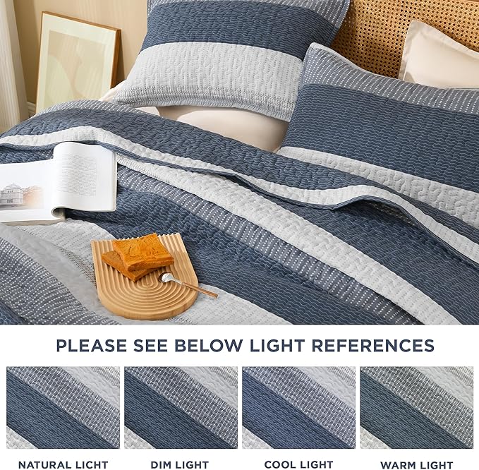 Litanika Oversized King Quilt Set Navy Blue, 128x120 Stripe Bedspread Coverlet 3 Pieces, Navy Blue Lightweight Quilted Bedding Set for All Season(Super King Plus-1 Quilt, 2 Pillowcases)