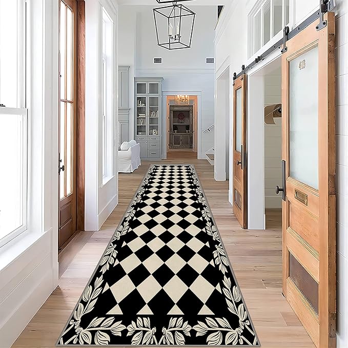 Modern Black White Checkered Pattern Runner Rug, 1.3x7ft, Abstract Neutral Farmhouse Decor Rugs for Living Room, Non-Shedding Low Pile Soft Foldable Carpet for Family Kitchen