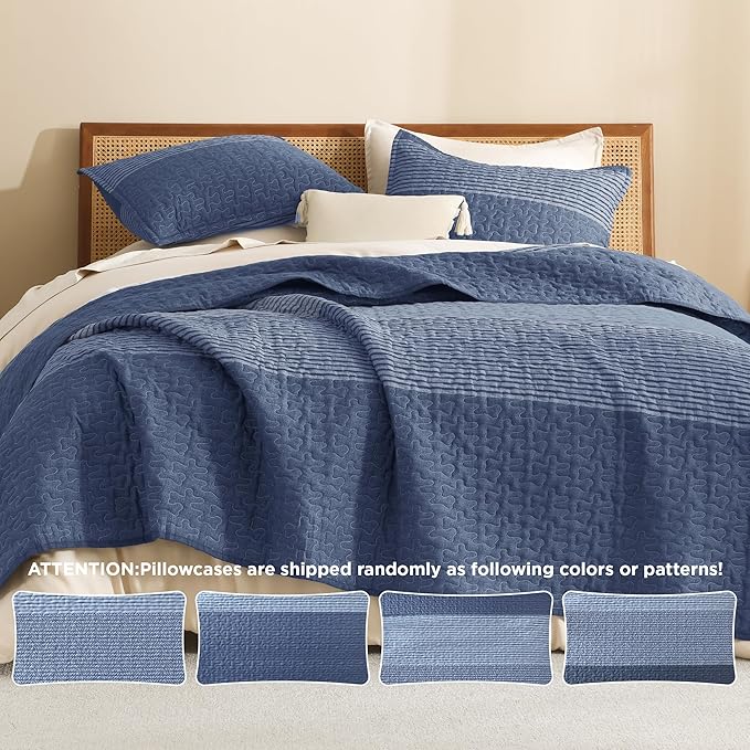 Litanika Quilt King Size Sapphire Blue, Stripe Patchwork Summer Bedspread Coverlet 3 Pieces, Soft Lightweight Microfiber Quilted Bedding Set for All Season(1 Quilt, 2 Pillowcases)