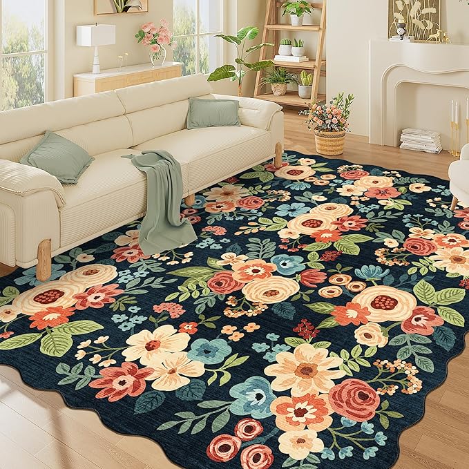 DUKINO 8x10 Area Rug, Floral Washable Rugs for Living Room with Non Slip Backing & Non-Shedding, Lightwight Low Pile Boho Design Large Carpets for Bedroom, Living Room, Dining Room, Navy Blue