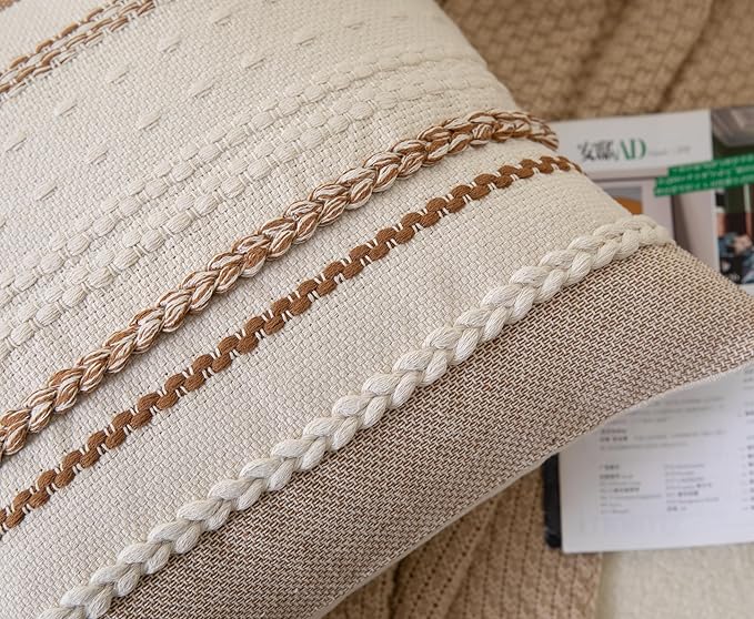 Boho Throw Pillow Covers 18x18 Inch Set of 2, Brown Textured Decorative Couch Pillow Cases for Farmhouse Home Decor, Accent Cushion Cover for Sofa, Bed, Living Room, Bedroom