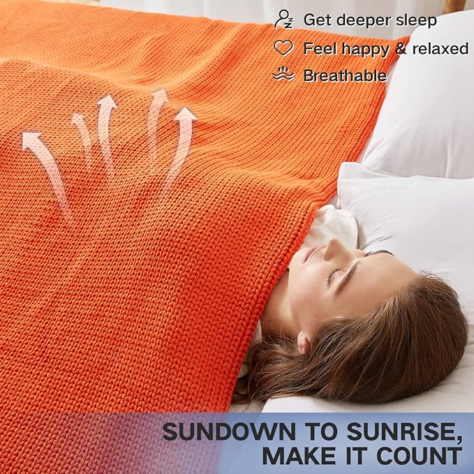Guohaoi Knitted Weighted Blanket for Adults (Orange 60"x80" 12lbs) No Beads Cooling Throw Blanket for Hot Sleepers, Home Decor Breathable Chunky Knit Heavy Blanket Use on Queen/King Size Bed