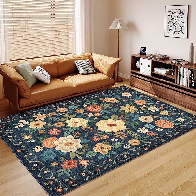 DUKINO 5x7 Area Rug, Floral Rugs for Living Room, Lightweight Non Slip Washable Rug, Indoor Low Pile & Non-Shedding Boho Design Rugs for Bedroom, Living Room, Dining Room, Dark Blue