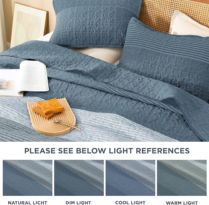 Litanika Oversized King Quilt Set Blue Linen, 120x98 Stripe Bedspread Coverlet 3 Pieces, Blue Linen Lightweight Quilted Bedding Set for All Season(Oversized King-1 Quilt, 2 Pillowcases)