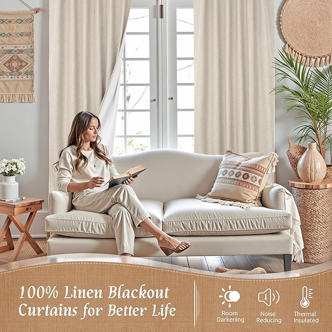 LAMIT 100% Blackout Linen Curtains 63 Inch Length, Linen Textured Thermal Bedroom Drapes Back Tab and Rod Pocket Neutral Panels with White Liner for Short Windows, 2 Panels, Oatmeal, 42 x 63 Inch