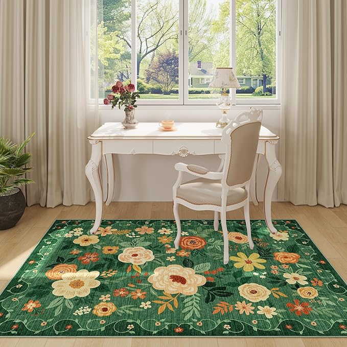 DUKINO 4x6 Area Rug, Lightweight Non Slip Washable Floral Rug, Indoor Low Pile & Non-Shedding Boho Design Rugs for Bedroom, Living Room, Dining Room, Dark Green