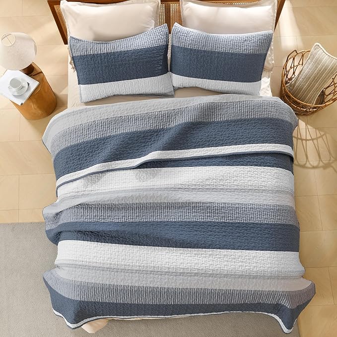Litanika California King Quilt Set Navy Blue, Stripe Bedspread Coverlet 3 Pieces, Lightweight Quilted Bedding Set for All Season(1 Quilt, 2 Pillowcases)