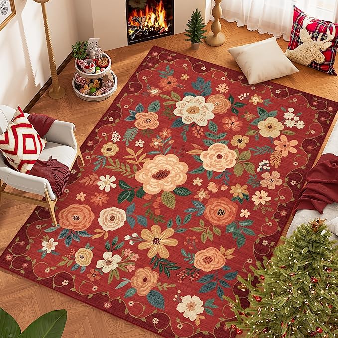 DUKINO 5x7 Area Rug, Floral Rugs for Living Room, Lightweight Non Slip Washable Rug, Indoor Low Pile & Non-Shedding Boho Design Rugs for Bedroom, Living Room, Dining Room, Red