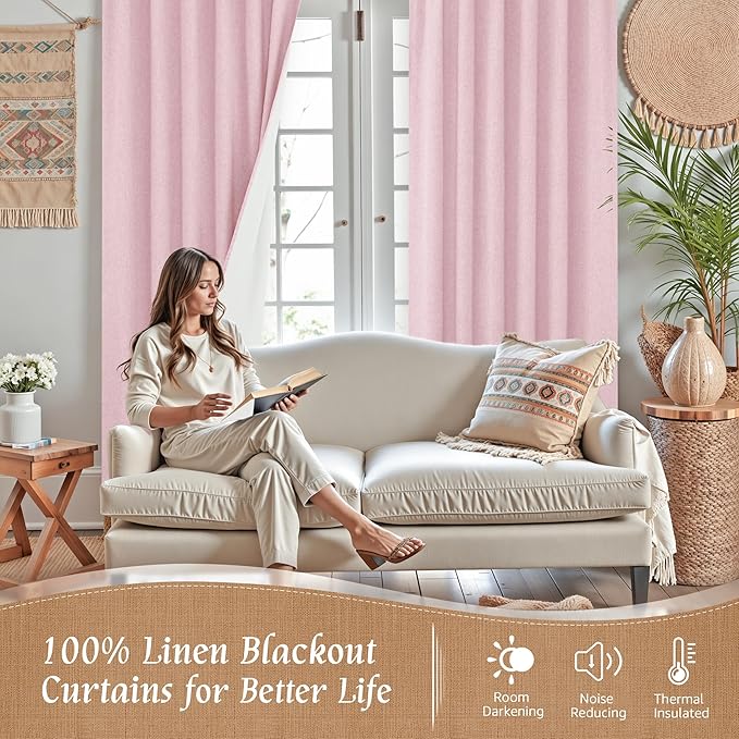 LAMIT Pink 100% Blackout Linen Curtains, 63 Inches Linen Textured Thermal Bedroom Curtains Back Tab and Rod Pocket Neutral Panels with White Liner for Farmhouse, 2 Panels, 38 x 63 Inch