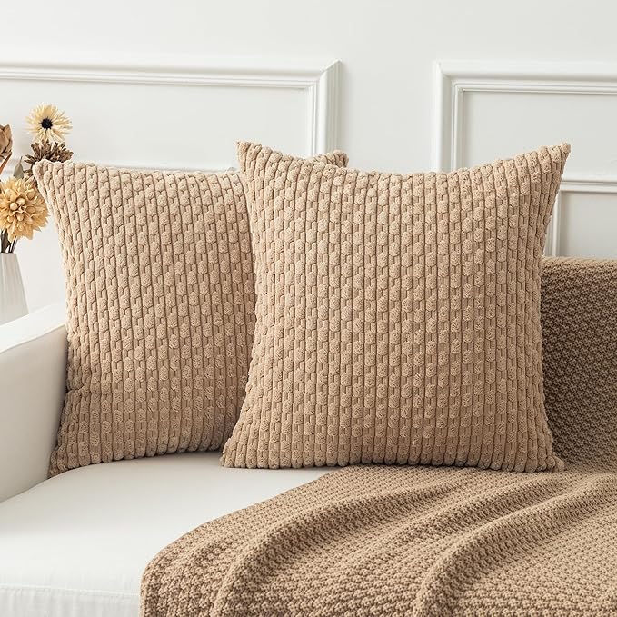 Kevin Textile 2 Packs Tan Decorative Throw Pillow Covers 20x20 Inch for Living Room Couch Bed Sofa Soft Striped Corduroy Square Cushion Case 50x50 cm Rustic Farmhouse Boho Home Decor