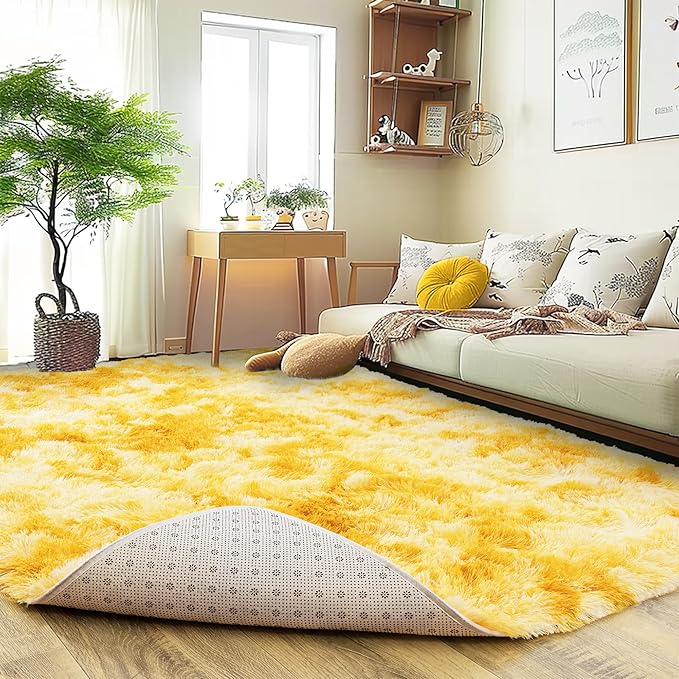 Ultra Fluffy Rug for Living Room Bedroom, 5x7 Fuzzy Large Area Rug for Living Room, Plush Soft Shag Carpet for Girl Boy Kids, Non Slip Rug Modern Indoor Home Decor Aesthetic, Tie-Dyed Yellow