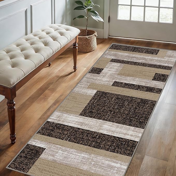 Modern Geometric Patchwork Long Hallway Rug Runners, 4x10ft, Neutral Brown Geometry Aesthetic Entrance Carpet, Absorbent Washable Foldable No Crease High Traffic Mat for Laundryroom