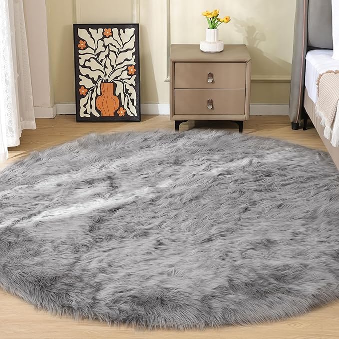 Silver Grey Washable Shaggy Round Rugs 6.6ft Large Faux Sheepskin Fur Rugs for Living Room Bedroom Circle Nursery Rug