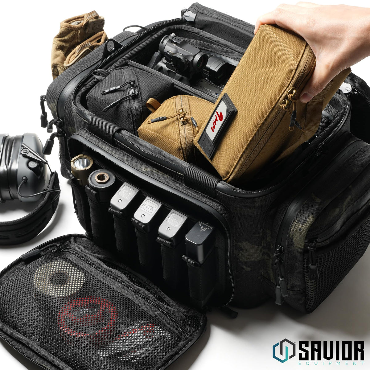 Savior Equipment Utility Pouch Ammo Storage Organizer Range Gear Accessories w/ 4 Writable ID Patches, Opens As a Tray, Semi-Hard Shell, 2-Pack (Black/Green)