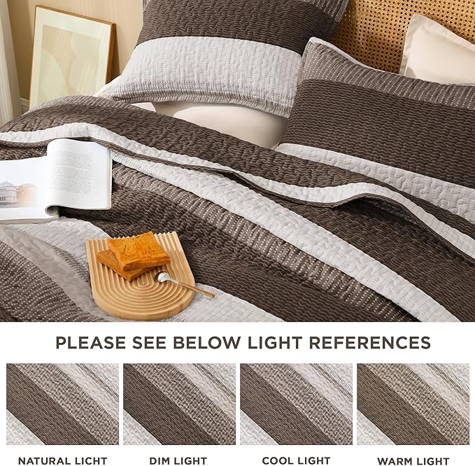 Litanika Quilt Queen Size Brown, Stripe Patchwork Summer Bedspread Coverlet 3 Pieces, Soft Lightweight Microfiber Quilted Bedding Set for All Season(1 Quilt, 2 Pillowcases)